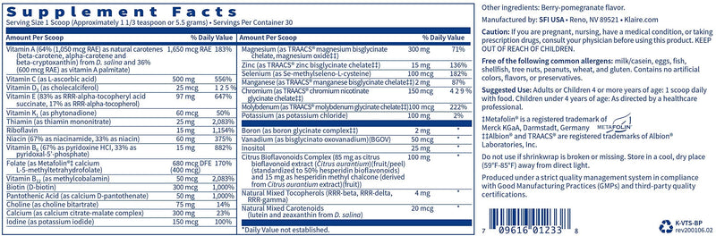 Klaire Labs VitaSpectrum Powder - Children's Multivitamin/Mineral with 23 Essential Nutrients in Berry-Pomegranate for Kids, No Copper, Iron, Gluten or Casein (30 Servings, 165 Grams) - NewNest Australia