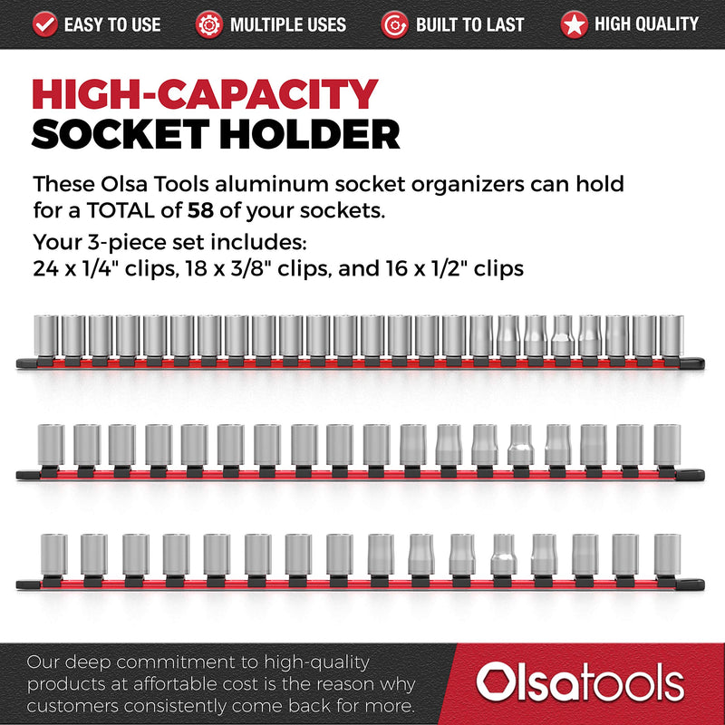 Olsa Tools 1/2-Inch, 3/8-Inch & 1/4-Inch Drive Aluminum Socket Organizer | Premium Quality Socket Holder (Red) Red - NewNest Australia