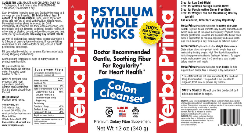 Yerba Prima Psyllium Husk, 12 Ounce - Colon Cleansing Fiber Supplement, for Heart Health, Natural Support for Gut Health, Vegan, No Sugar or Artificial Sweeteners, Non GMO, Gluten Free - NewNest Australia