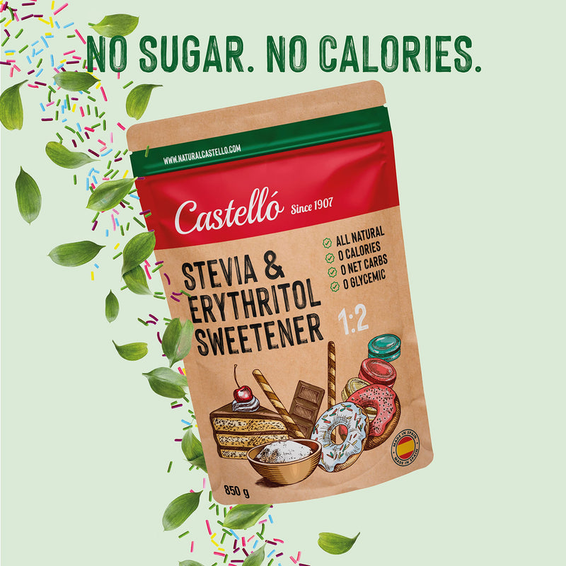Stevia + Erythritol 1:2 Sweetener | 1G = 2G Sugar | 100% Natural Sugar Substitute - 0 Calories - 0 Glycemic Index - Keto And Paleo - 0 Net Carbs - No Gmo - Castello Since 1907 - 850 G - NewNest Australia