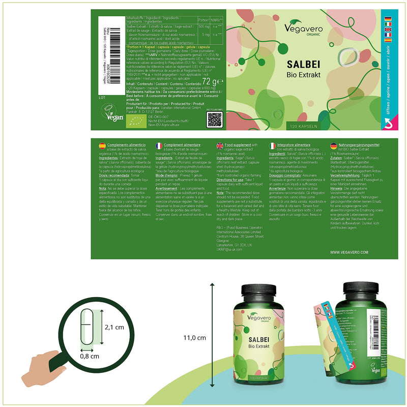 Organic Sage Capsules Vegavero, With 1% Rosemary Acid, 500 Mg Sage Extract Per Capsule, Organic Quality From France, Strong Sweating, Hot Flashes, Menopause, 120 Capsules, Vegan - NewNest Australia