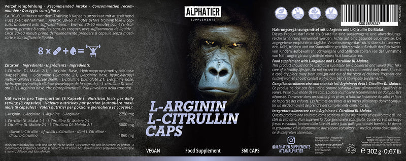 L-Arginine L-Citrulline Capsules High Dose - 360 Caps Vegan - 3000 Mg Citrulline Malate + Arginine Base Per Serving - Alphatier - Premium Quality Without Magnesium Stearate + Additives - NewNest Australia