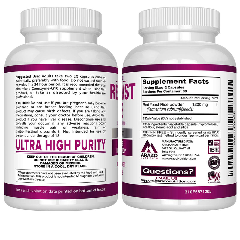 Red Yeast Rice Extract 1200mg – Citrinin Free Supplement – Vegetarian 120 Capsules - Arazo Nutrition - NewNest Australia