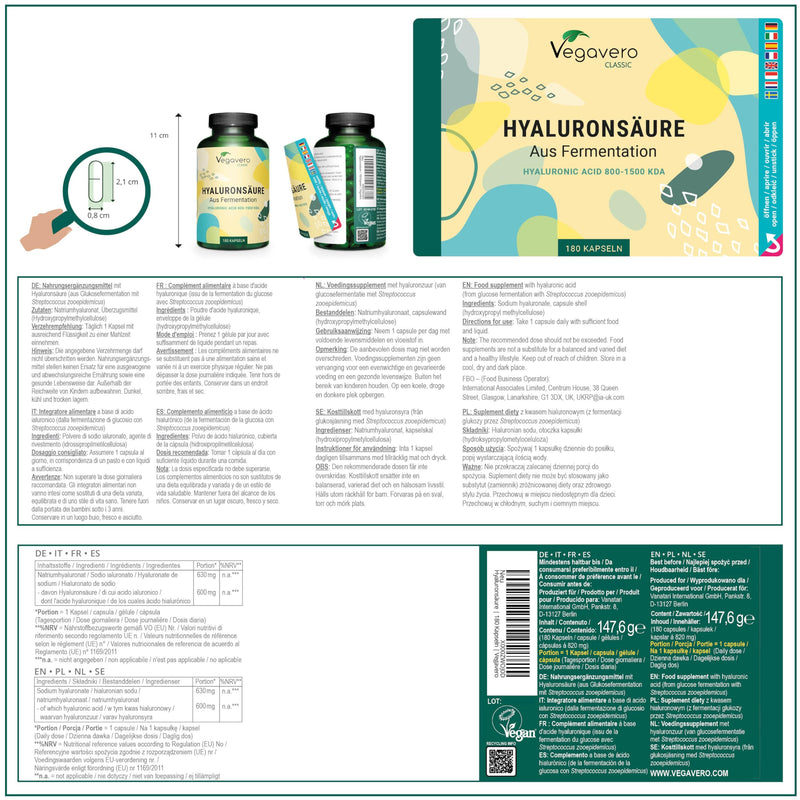 HYALURONIC ACID capsules Vegavero® | High dose - 600 mg | 180 capsules for 6 months | 800-1500 kDa high molecular weight | Without additives & vegan 180 pieces (pack of 1) - NewNest Australia