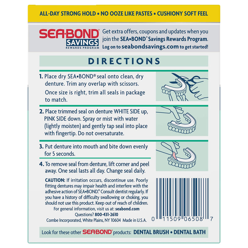 Sea Bond Secure Denture Adhesive Seals, Fresh Mint Lowers, Zinc Free, All Day Hold, Mess Free, 30 Count 30 Count (Pack of 1) - NewNest Australia
