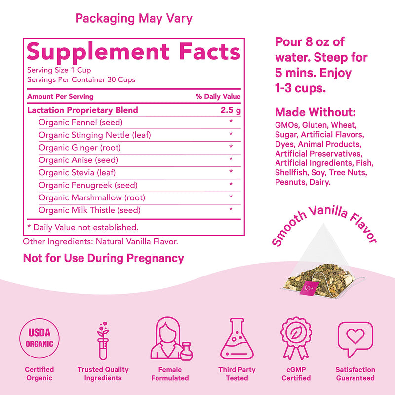 Pink Stork Lactation Tea: Smooth Vanilla Nursing Support, 100% Organic, Supports Breastfeeding + Breast Milk Supply with Fenugreek, Women-Owned, 30 Cups 15 Count (Pack of 1) - NewNest Australia
