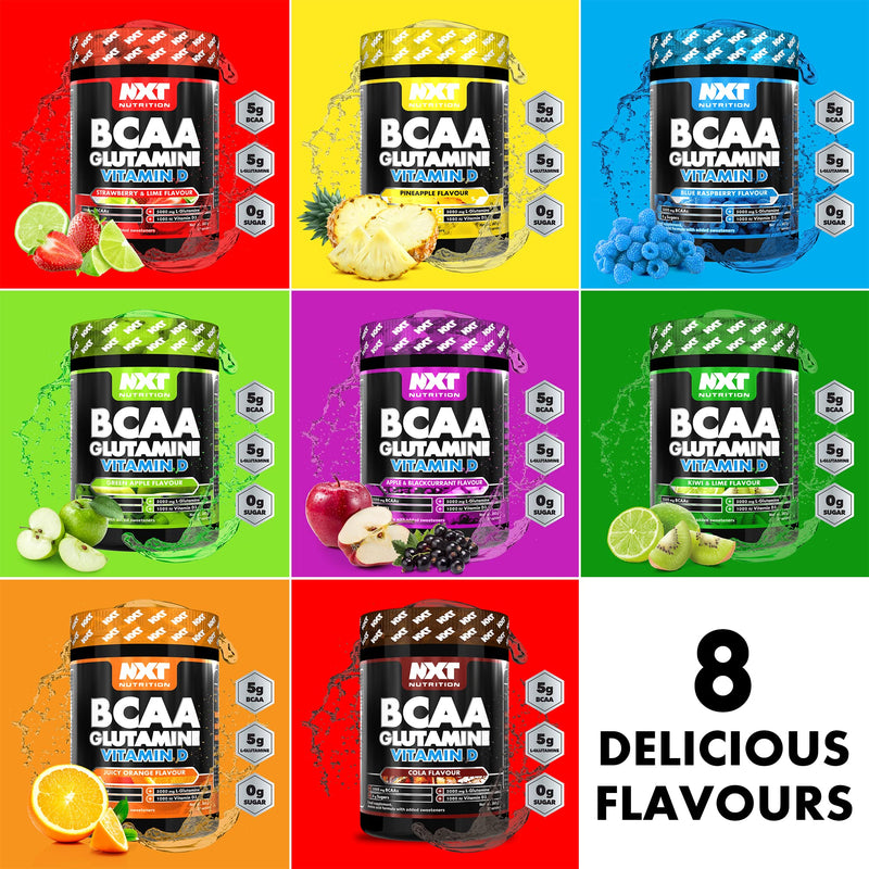 NXT Nutrition BCAA, Glutamine & Vitamin D | BCAAs Amino Acids with Vitamin D3 and L-Glutamine - for Recovery, Gut Health and Muscle Protein Synthesis | Strawberry Lime | 360g - 30 Serving - NewNest Australia