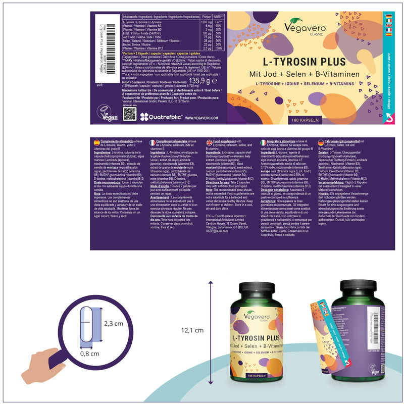 L-Tyrosine 180 capsules with iodine, selenium & B vitamins, vegan & without additives - NewNest Australia