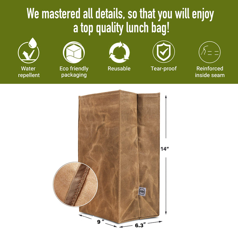 NewNest Australia - Waxed Canvas Lunch Bags Brown Paper Bag, Reusable Lunch Box, Lifetime Buy, Large Plastic-Free Washable Lunch Sack for Men, Women & Kids by ASEBBO 