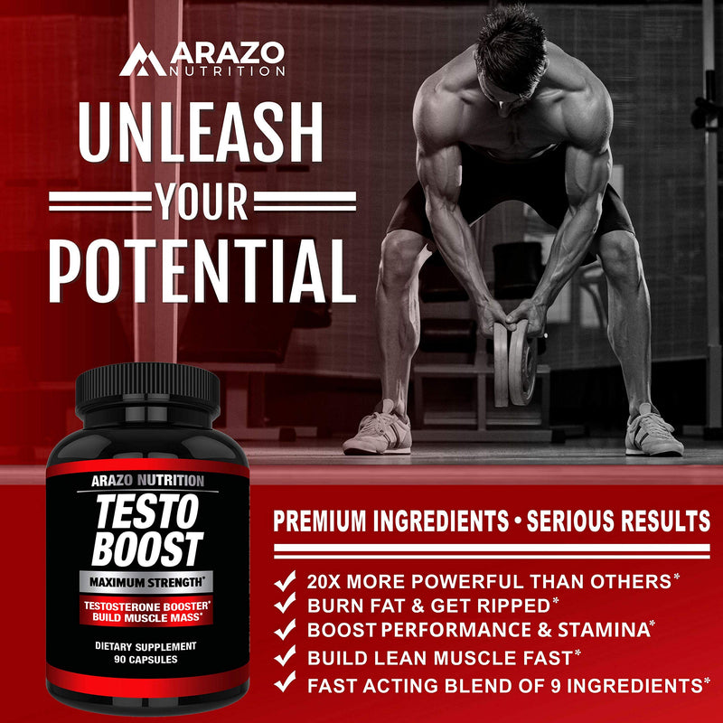 TestoBoost Test Booster Supplement - Potent & Natural Herbal Pills - Boost Muscle Growth - Tribulus, Horny Goat Weed, Hawthorn, Zinc, Minerals - Arazo Nutrition - NewNest Australia