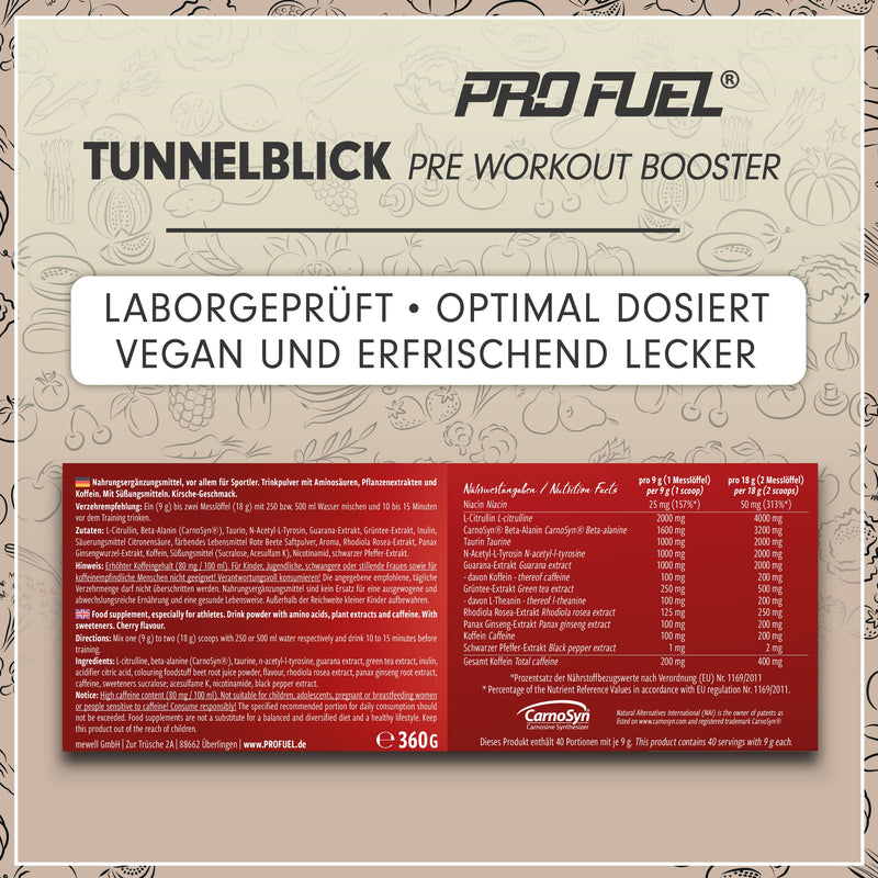 Pre-Workout Booster Cherry - 360 G - Incredibly Delicious - Tunnel View Training Booster With Citrulline, Beta-Alanine, Taurine, Caffeine & Guarana - Optimal High Dose - Made In Germany - 100% Vegan - NewNest Australia