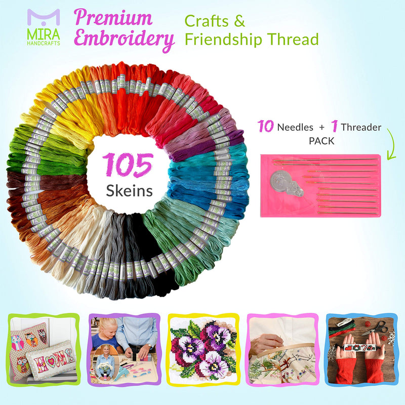 Premium Rainbow Color Embroidery Floss - Cross Stitch Threads - Friendship Bracelets Floss - Crafts Floss - 105 Skeins Per Pack and Free Set of Embroidery Needles - NewNest Australia