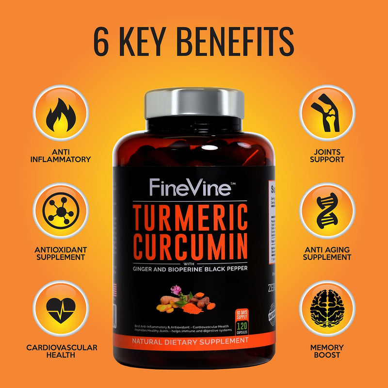 Turmeric Curcumin with BioPerine Black Pepper and Ginger - Made in USA - 120 Vegetarian Capsules for Advanced Absorption, Cardiovascular Health, Joints Support and Anti Aging Supplement - NewNest Australia