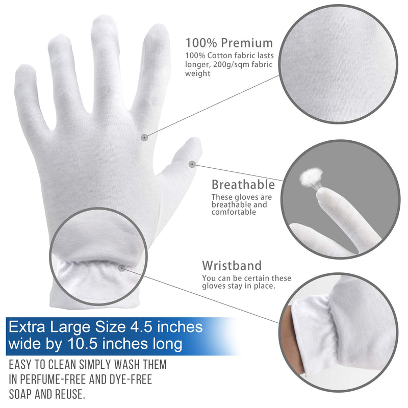 Extra Large, XL Moisturizing Gloves OverNight Bedtime Cotton Cosmetic Inspection Premium Cloth Quality Eczema Dry Sensitive Irritated Skin Spa Therapy Secure Wristband (8 Pack) 14 Count (Pack of 1) - NewNest Australia