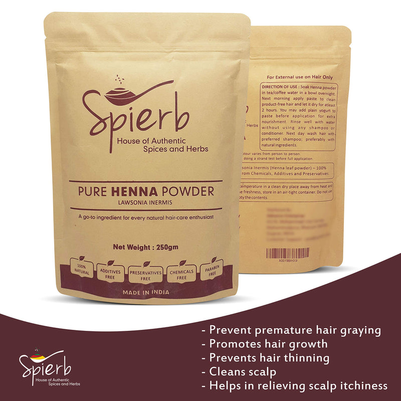 Spierb Henna Powder 250 gm - Herbal Henna Leaf Powder for Hair Dye Chemical Free Hair Color Natural Brown 100% Pure Triple Shifted Heena Lawsonia Inermis Easy to Use 250 g (Pack of 1) - NewNest Australia