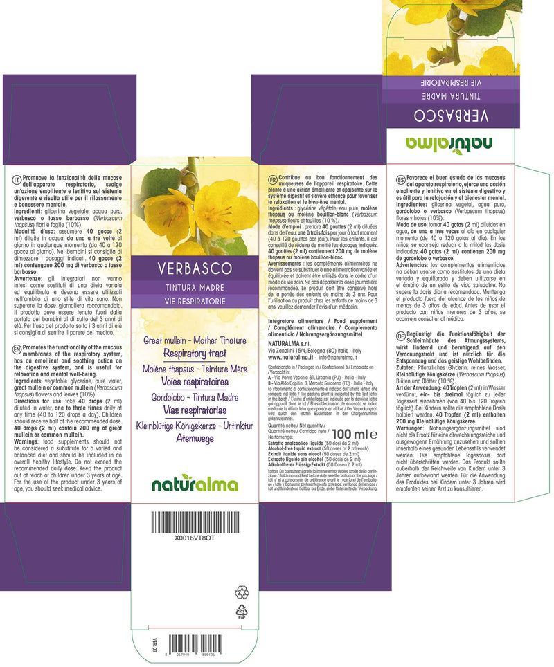 Great Mullein or Common Mullein (Verbascum thapsus) Flowers and Leaves Alcohol-Free Mother Tincture Naturalma | Liquid Extract Drops 100 ml | Food Supplement | Vegan 100 ml (Pack of 1) - NewNest Australia