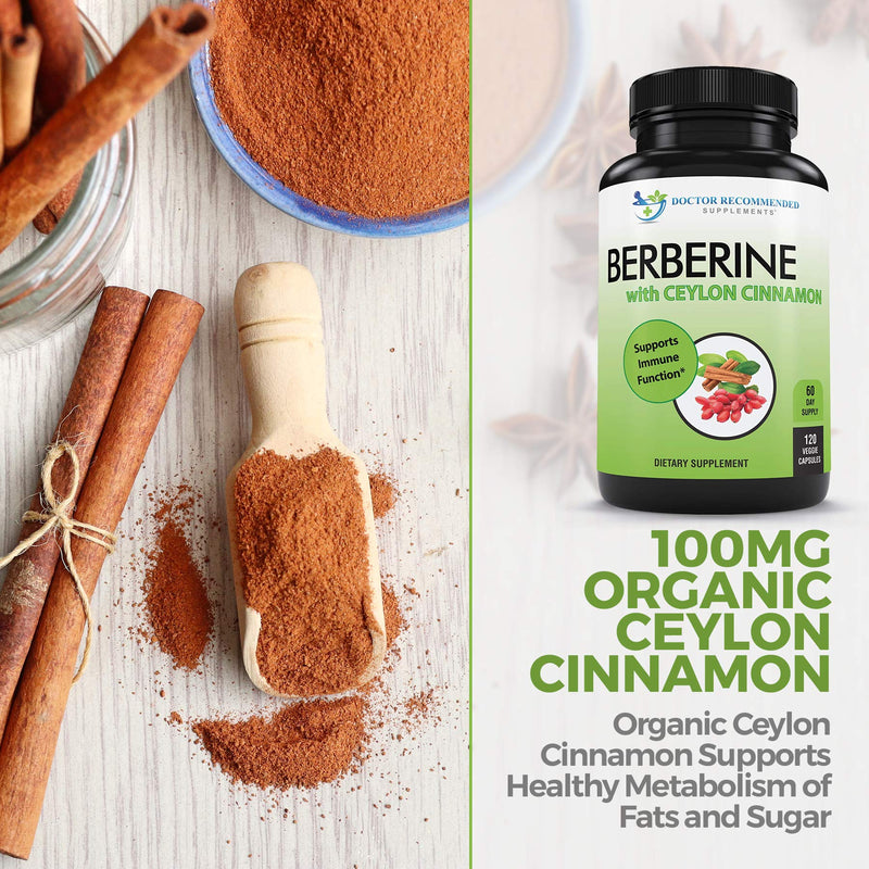 Berberine with Ceylon Cinnamon - 1200mg Berberine & 100mg Organic Ceylon Cinnamon - 120 Veggie Capsules, Healthy Immune System Cardiovascular Heart & Gastrointestinal Wellness 120 Count (Pack of 1) - NewNest Australia