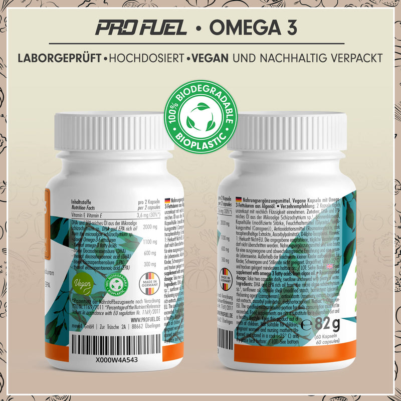 Omega-3 vegan from algae oil (2,000 mg) test winner 2021, highly dosed with 600mg DHA & 300mg DHA - high-quality omega-3 algae oil capsules (vegan) - lab-tested with analysis certificate, 60 capsules - NewNest Australia