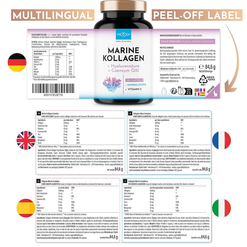 Premium Marine Collagen Combo 1000mg + Q10, hyaluronic acid, copper, manganese, vitamins C, zinc & biotin contribute to the maintenance of normal skin & hair; Made in Austria by VROODY - test result VERY GOOD! - NewNest Australia