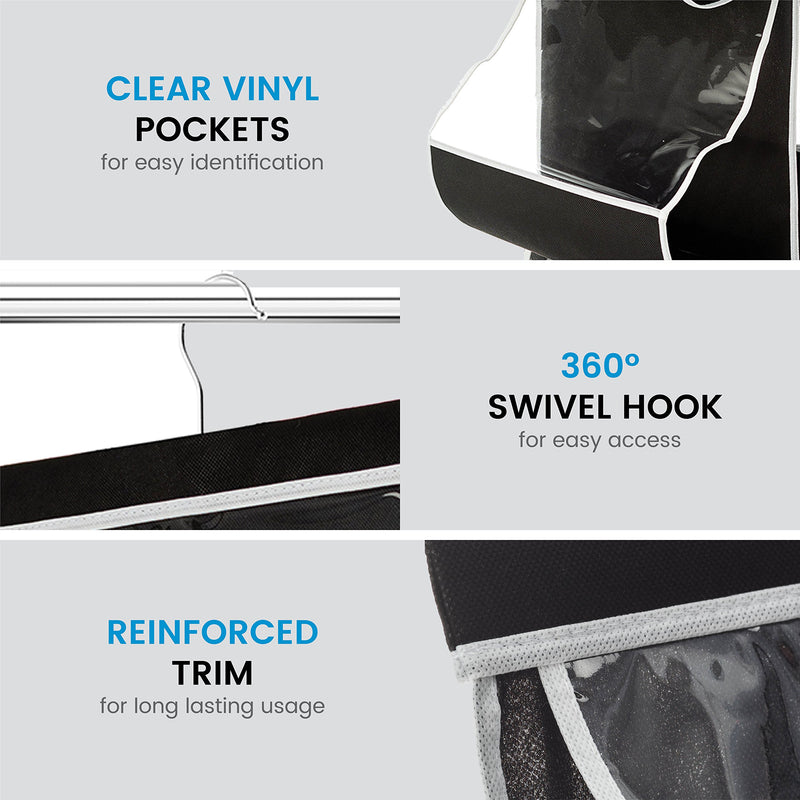 ZOBER Hanging Purse Organizer for Closet Clear Handbag Organizer for Purses, Handbags Etc. 8 Easy Access Clear Vinyl Pockets with 360 Degree Swivel Hook, Black, 48” L x 13.8” W 48 L x 12 W - NewNest Australia