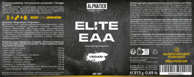EAA capsules - 360 mega caps of 750 mg each - high dosage - 8 essential amino acids - ALPHATIER Elite EAAs protein capsules without magnesium stearate - amino capsules - fitness supplement 360 pieces (pack of 1) - NewNest Australia