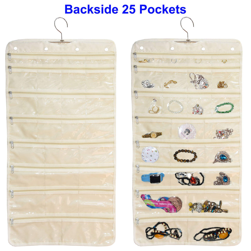 Freegrace Premium Hanging Jewelry Organizer Revolving Hanger - Secure Zipper Closure - 50 Pockets/Two-Side Pockets - Foldable Storage & Display Solution Jewelry & Bijoux - Beige Beige (50 Pockets) - NewNest Australia