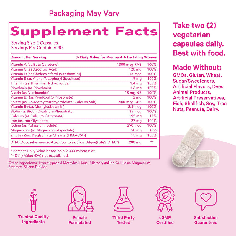 Pink Stork Total Prenatal Vitamin with DHA and Folic Acid: Doctor Formulated, Fertility Supplements for Women, Folate, Iron, Biotin, Vitamin D, Vitamin C + Zinc, Women-Owned, 60 Vegetarian Capsules 60 Count (Pack of 1) - NewNest Australia