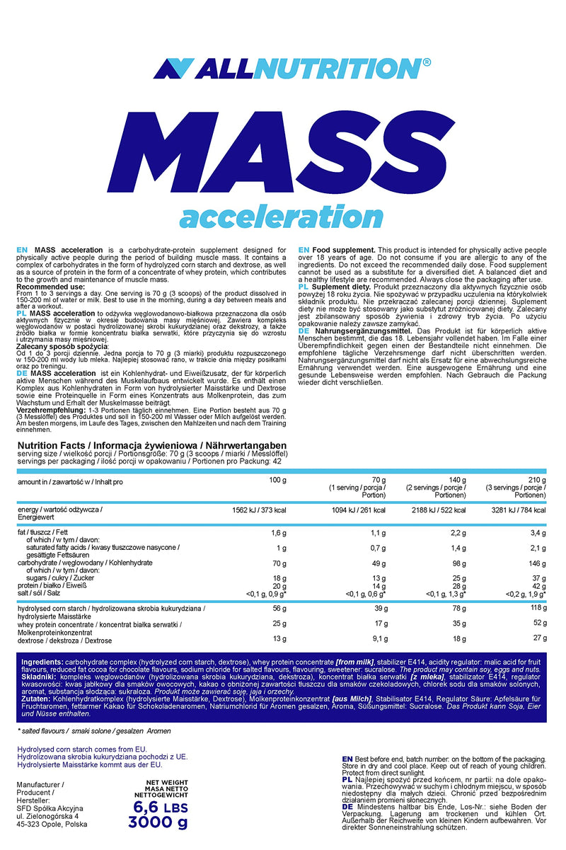 Allnutrition Mass Gainer, Nutrition Protein Powder And Carbohydrate Powder, Powder With Protein For Muscle Building, Energy, Fitness Measuring Academy 3000 G 3000G White - NewNest Australia