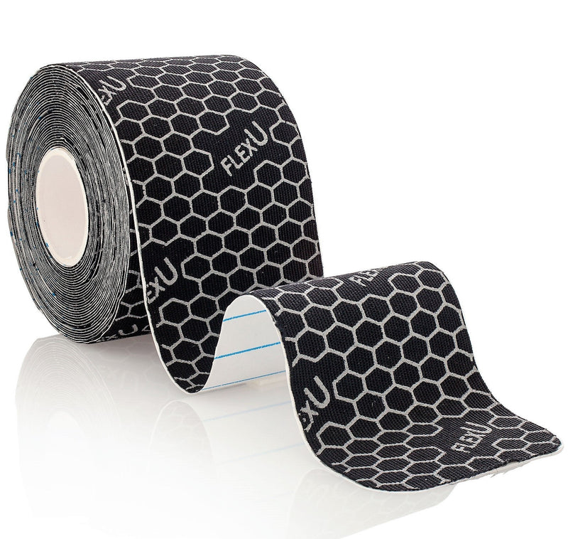 FLEXU - SUPREME KINESIOLOGY TAPE WITH A FREE eBook. Pre-Cut 1 Roll Pack, Black. Synthetic Therapeutic Recovery Tape. Advanced Strength & Flexibility Properties, Longer Lasting, Professional Grade Black 5M Pre-Cut (1 Roll Pack) - NewNest Australia