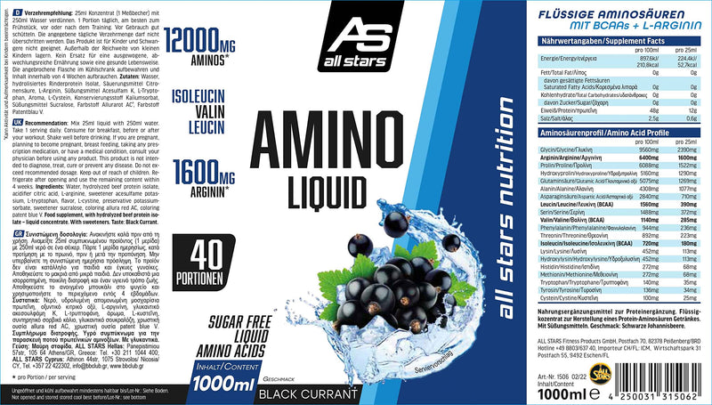 All Stars Amino Liquid 1000 Ml Black Currant I Amino Acids Liquid & High Dosage I Drink With Bcaa + Glutamine + L-Arginine I Syrup For Mixing With Water I Liquid Supplement Sugar-Free - NewNest Australia