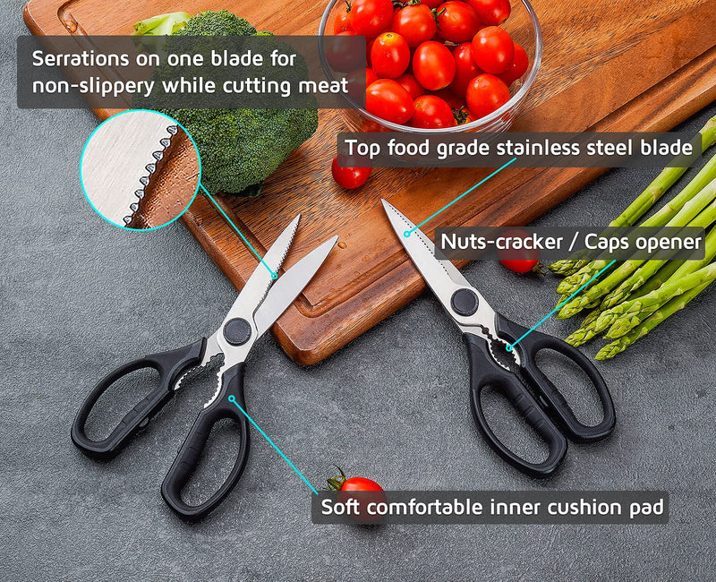 WELLSTAR Heavy Duty Kitchen Scissors, Sharp Kitchen Scissors Multipurpose Utility Stainless Steel Scissor, Kitchen Shears for Chicken,Meat, Vegetables, Herbs, BBQ, Bones, Nuts,2-Piece Set Black - NewNest Australia