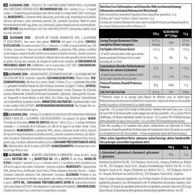 BioTechUSA Glutamine Zero, flavored powder formula with the amino acid glutamine, sugar-free, gluten-free, 300 g, peach iced tea - NewNest Australia