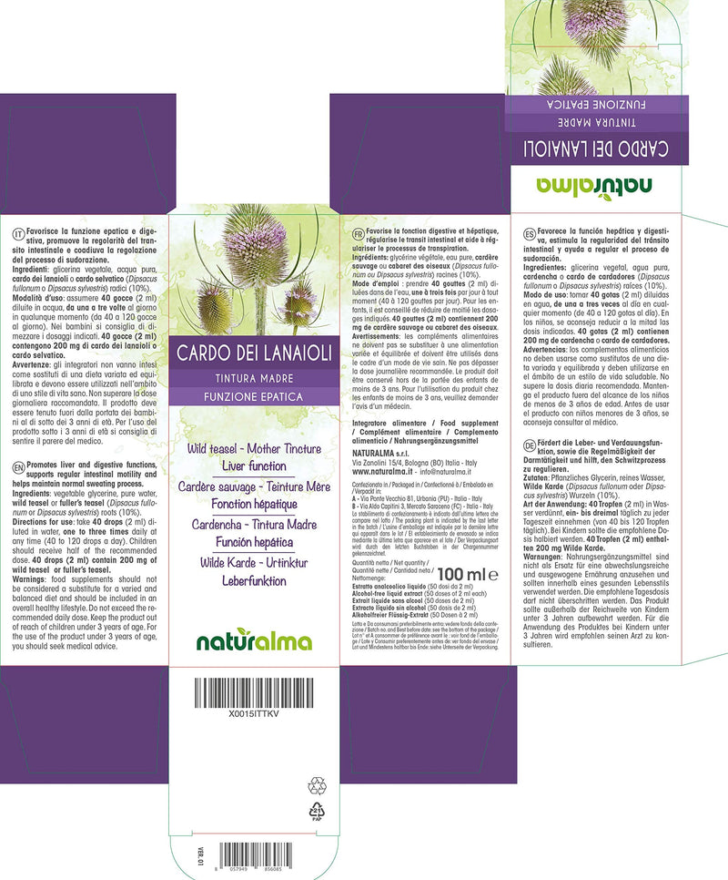 Wild Teasel or Fuller’s Teasel (Dipsacus fullonum or D. sylvestris) Roots Alcohol-Free Mother Tincture Naturalma | Liquid Extract Drops 100 ml | Food Supplement | Vegan 100 ml (Pack of 1) - NewNest Australia