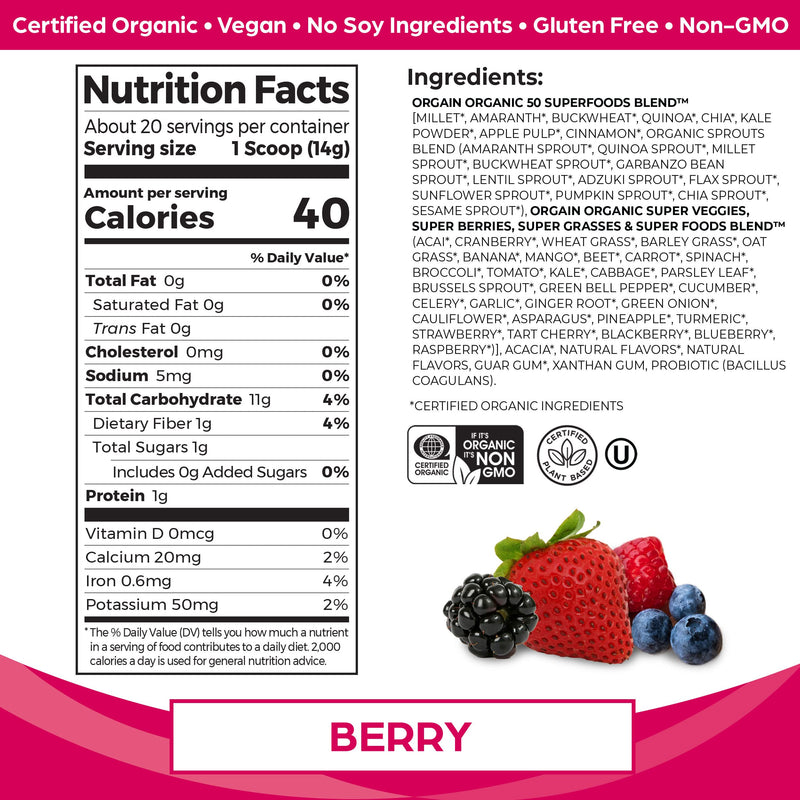 Orgain Organic Green Superfoods Powder, Berry - Antioxidants, 1 Billion Probiotics, Vegan, Dairy Free, Gluten Free, Kosher, Non-GMO, 0.62 Pound (Packaging May Vary) - NewNest Australia