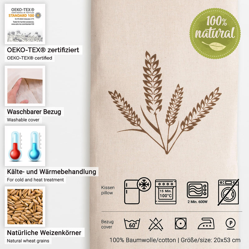 ZOLLNER grain pillow large - microwave-safe heat pillow - against tension in the neck and shoulders or colic - natural wheat grains - removable, washable cover - 20x53 cm 20 x 53 cm natural - NewNest Australia