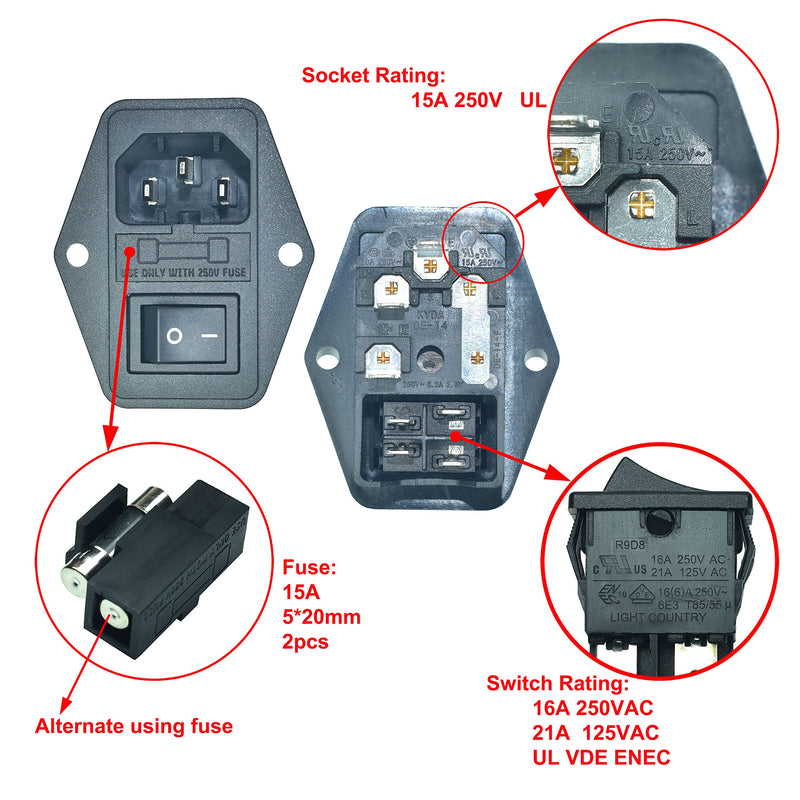 2 Pack 250Vac 15A IEC320 C14 Panel Mount Plug Adapter Power Connector Socket,Screw Mount 3 Pins Heavy Duty Inlet Power Socket with 14AWG Wires 15A DPST Screw hole mounting - NewNest Australia