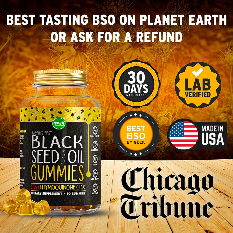 MAJU's Black Seed Oil Gummies - World's First Gummy w/ 2%+ Thymoquinone, Black Cumin Seed Nigella Sativa Oil, Cold-Pressed, Potent Formula with Cinnamon Extract, No Aftertaste - 500mg (90ct) - NewNest Australia