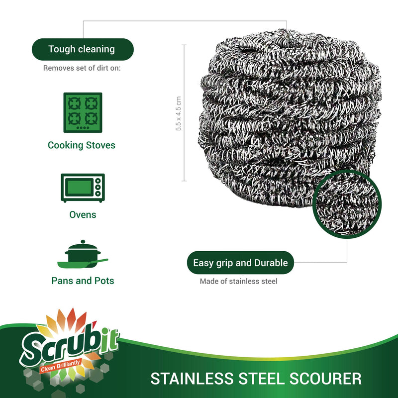SCRUBIT 6 Pack Stainless Steel Scourers – Steel Wool Scrubber Pad Used for Dishes, Pots, Pans, and Ovens. Easy scouring for Tough Kitchen Cleaning. - NewNest Australia
