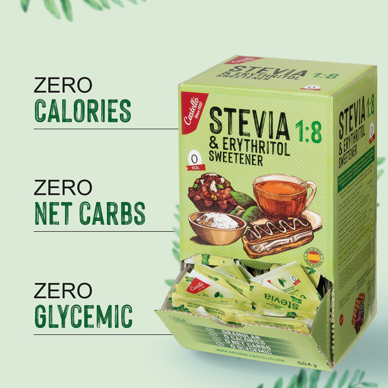 Stevia + Erythritol 1:8 Sweetener | 504 Sachets Of 1G | 100% Natural Sugar Substitute - 0 Calories - 0 Glycemic Index - Keto And Paleo - 0 Carbohydrates - No Gmo - Castello Since 1907-504 G - NewNest Australia