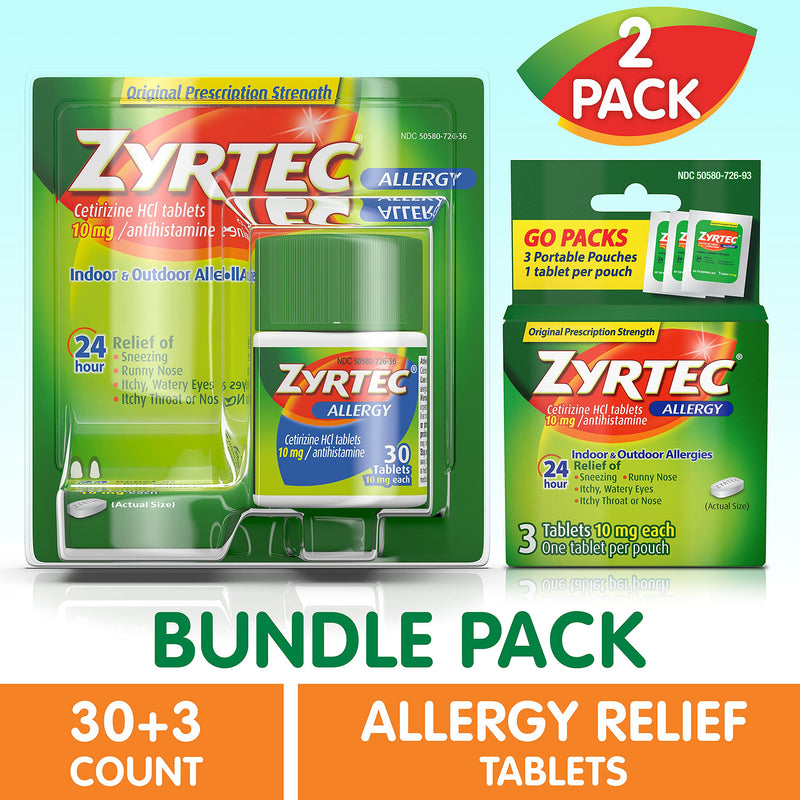 Zyrtec 24 Hour Allergy Relief Tablets, Antihistamine Allergy Medicine with 10 mg Cetirizine HCI, Bundle with 1 x 30 ct and 1 x 3 ct Travel Pack 33 Count (Pack of 1) - NewNest Australia