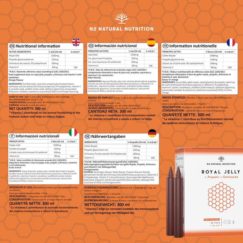 Pure royal jelly with propolis + vitamin C + echinacea. 60 days. 2000MG. Reduces fatigue and other symptoms, increases energy, vitality and strengthens metabolism. CE. N2 Natural Nutrition - NewNest Australia