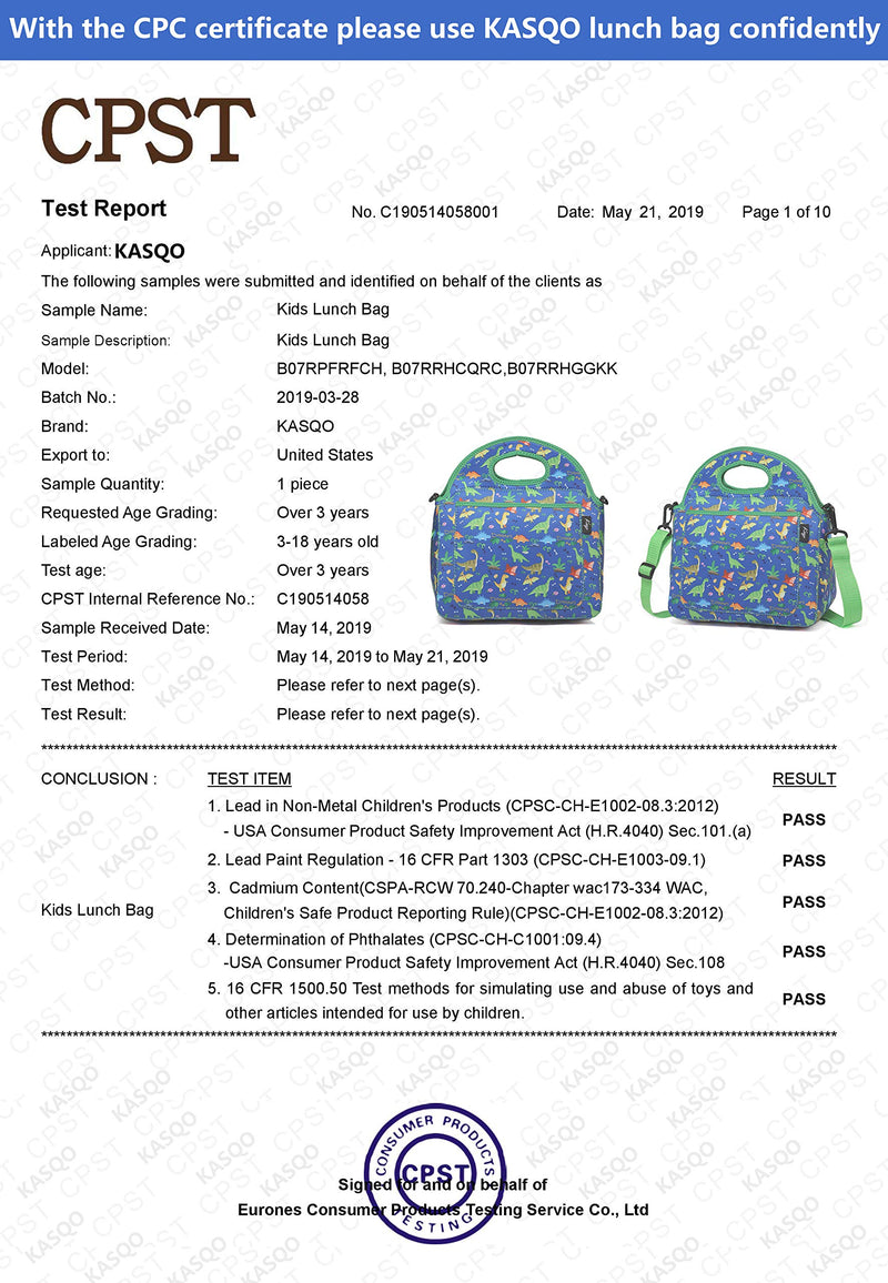 NewNest Australia - Kasqo Lunch Bag for Kids, Neoprene Insulated Boys Lunch Boxes Children’s Lunch Tote with Front Pocket and Detachable Adjustable Shoulder Strap in Cute Dinosaur 