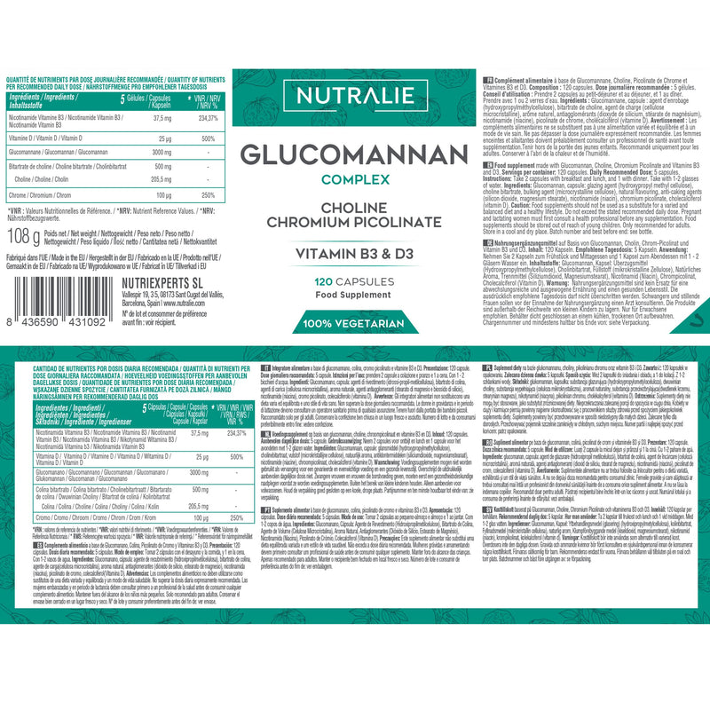 Nutralie Glucomannan Konjac | Helps Lose Weight, 100% Natural Appetite Suppressant With Choline Bitartrate, Chromium Picolinate And Vitamins B3 And D3 | 120 Vegan Capsules - NewNest Australia