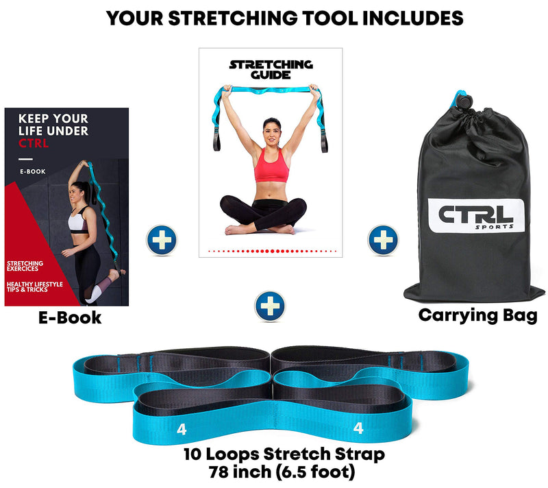 Stretching Strap with Loops for Physical Therapy, Yoga, Exercise and Flexibility - Non Elastic Fitness Stretch Band + Exercise Instructions & Carry Bag by CTRL Sports 10 Loops - Blue - NewNest Australia