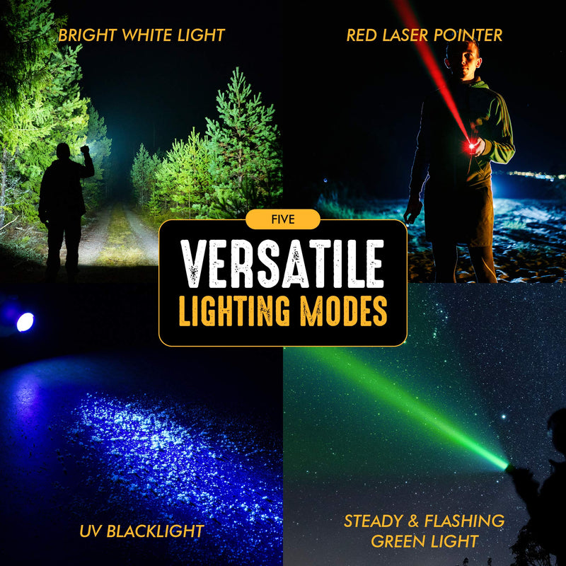 SAMLITE- LED Tactical Flashlight With 5 Options, Bright LED Light, Laser Pointer, UV Blacklight, Green Light and Magnetic Bottom - Water Resistant - (3 AAA Batteries Included) - NewNest Australia