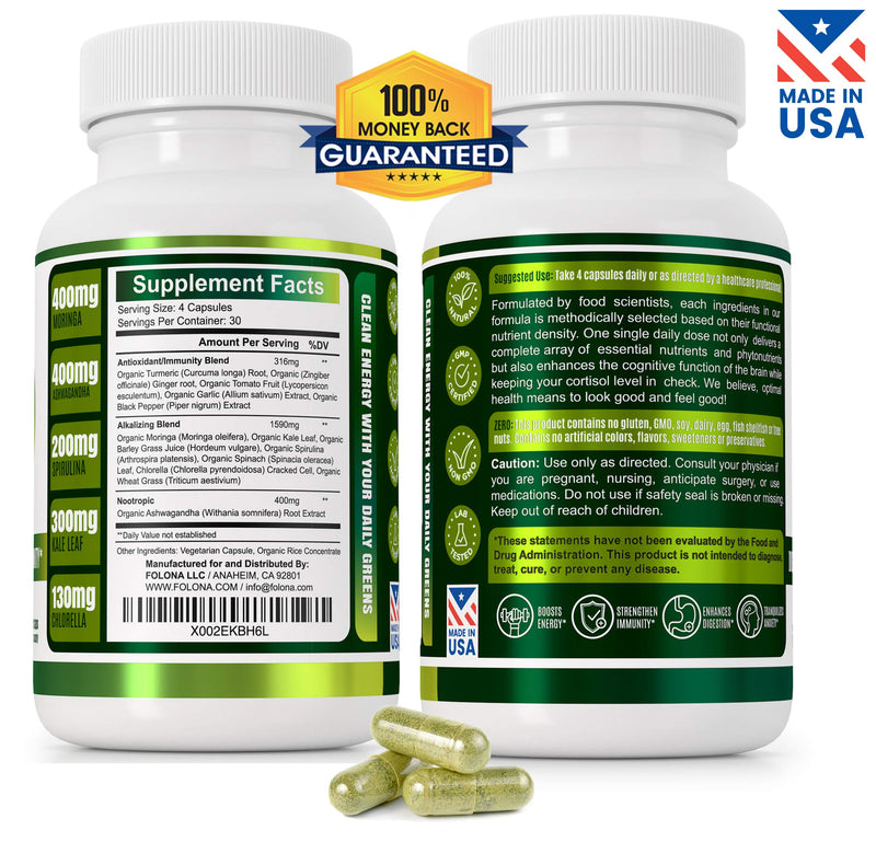Organic Vegan Super Greens Capsules with Ashwagandha - Immune Support with All Natural Whole Food Nutrients Chlorella, Moringa, Spirulina, Turmeric, Kale. Improve Digestion, Boost Energy - Detox Pills - NewNest Australia
