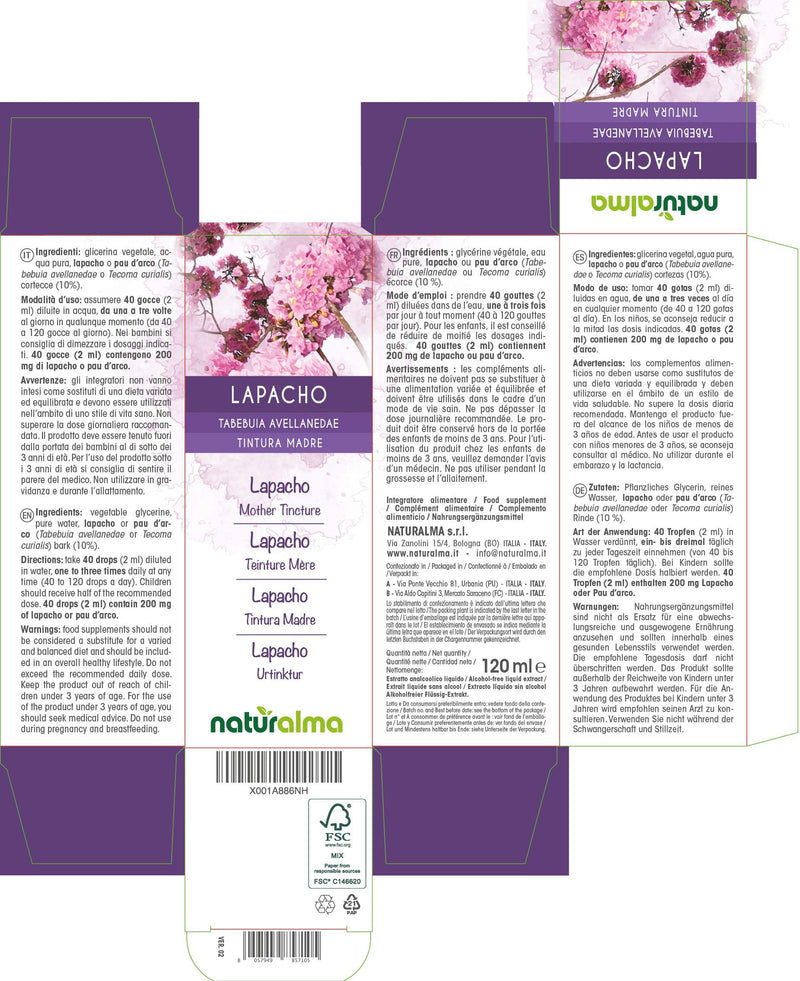Lapacho or PAU d'arco (Tabebuia avellanedae or Tecoma curialis) bark Alcohol-Free Mother Tincture Naturalma | Liquid Extract Drops 120 ml | Food Supplement | Vegan 120 ml (Pack of 1) - NewNest Australia