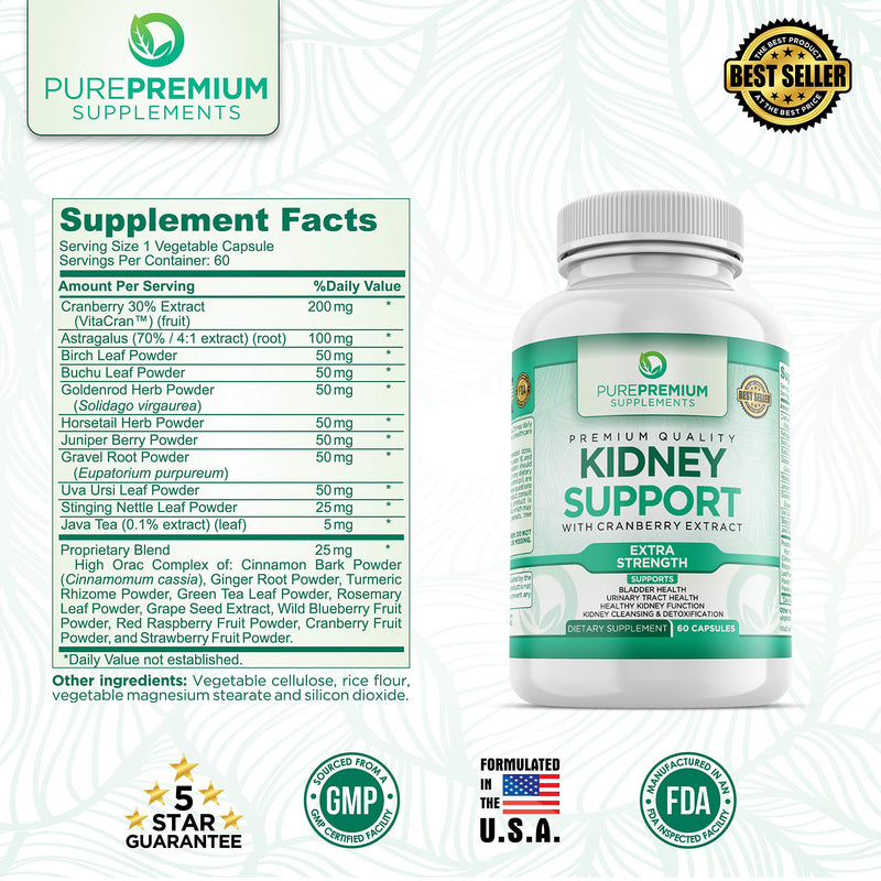 Premium Kidney Support Supplement by PurePremium (Kidney Cleanse Supplement) Supports Urinary Tract and Bladder Health – Cranberry Extract, Astragalus and Uva Ursi Leaf - 60 Caps - NewNest Australia