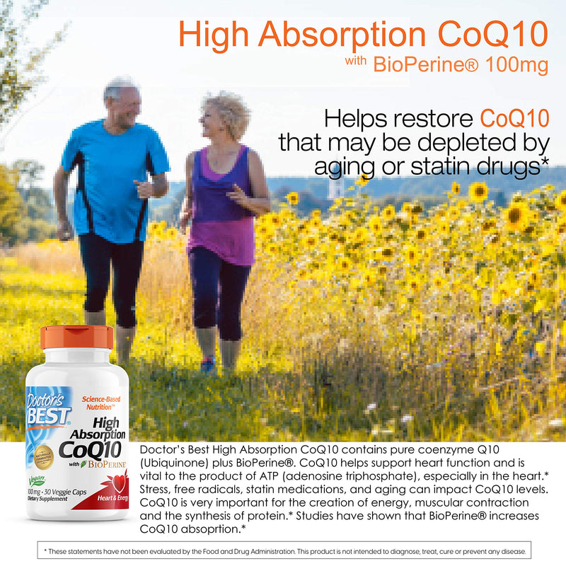 Doctor's Best High Absorption CoQ10 with BioPerine, Vegan, Gluten Free, Naturally Fermented, Heart Health & Energy Production, 100 mg 30 Veggie Caps 30 Count (Pack of 1) - NewNest Australia