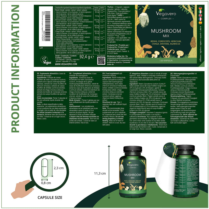 Mushroom Complex | 6 Vital Mushrooms: Reishi, Cordyceps, Shiitake, Chaga, Hericium, Agaricus | Premium: Beta-Glucans + Polysaccharides | Laboratory Tested | Vegan - Pure | German Production By - NewNest Australia